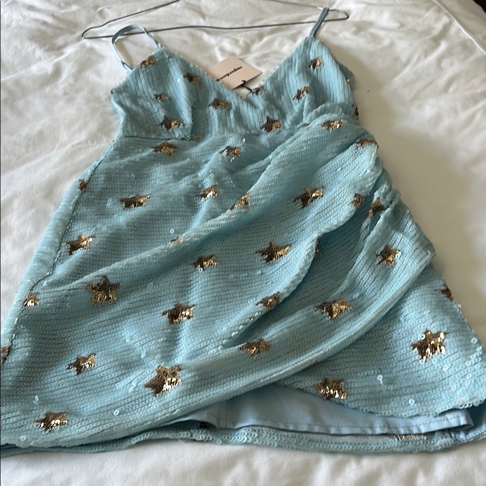 superdown Light Blue Mini Dress with Gold Sequin Stars
